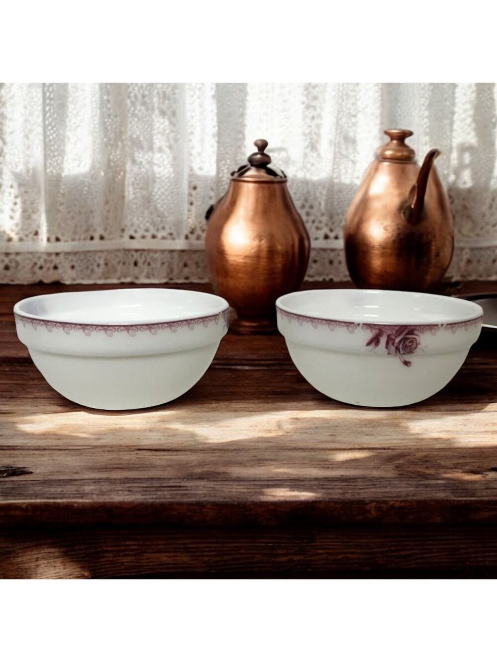 Krystallo Set of 2 Small White Milk Glass Bowls With Red Rose Accent Bands